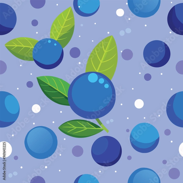 Fototapeta Blueberries with green leaves vector seamless pattern.
