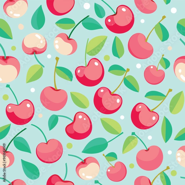 Fototapeta Seamless pattern with bright red, bright pink, cherry on a light green blue background. Vector