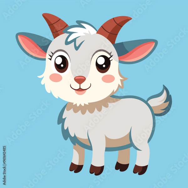 Fototapeta So cute, cheerful little goat smiles brightly on a light blue background.vector illustrator.