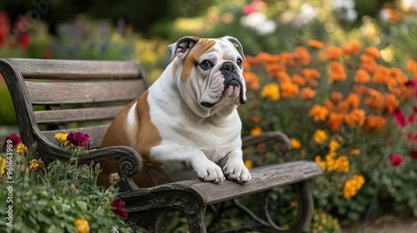 Fototapeta A bulldog lounging on a bench surrounded by vibrant flowers in a garden setting.