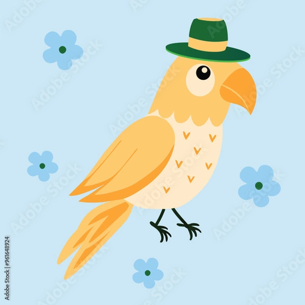 Fototapeta Amazon parrot with a light orange body, black legs, an arrow pattern on body, looking closely at the hat on its head. blue wildflower Cute cheeky vector