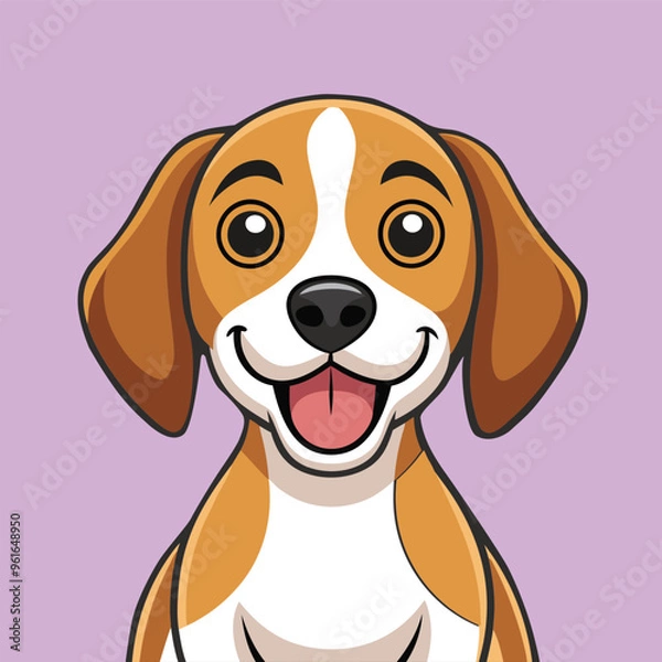 Fototapeta Beagle smiling happy dog, funny friendly pet, brown and white, violet background.Vector Illustrator.