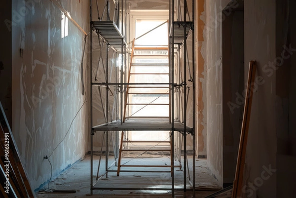 Fototapeta A glimpse into the heart of a home renovation project, where scaffolding stands tall, promising a beautiful transformation.