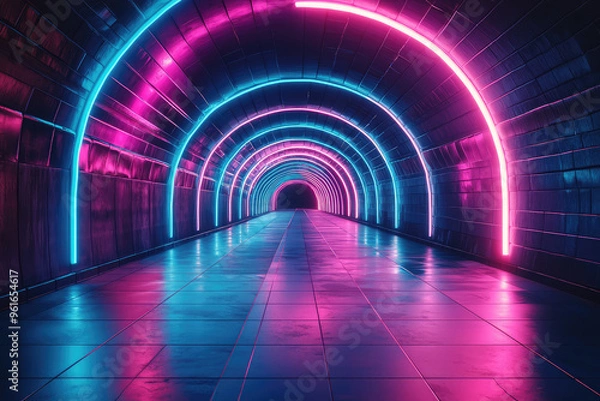 Fototapeta A Futuristic Journey:  Neon lights illuminate a sleek, tiled tunnel, beckoning you towards an unknown destination. 