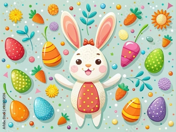 Fototapeta Easter Day Decoration Vector Illustration Easter Bunny Carrots Eggs Confetti Modern Whimsical Vibrant Colors Fun Colorful Joyful