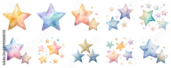 Fototapeta Smiling stars in various colors depicted in soft watercolor illustration set. Objects in vibrant pastel tones isolated on transparent background