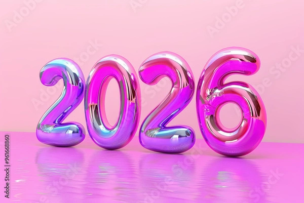 Fototapeta Glossy and Reflective 2026 Typography in Pink and Blue Metallic Balloon Style with Vibrant 3D Design for Fun and Playful New Year Concept