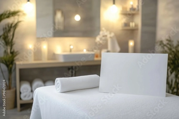 Fototapeta Mockup for your product or design, white blank sign on massage table with rolled towel in modern spa