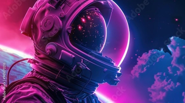 Fototapeta Astronaut helmet in space with vibrant pink and blue lighting.
