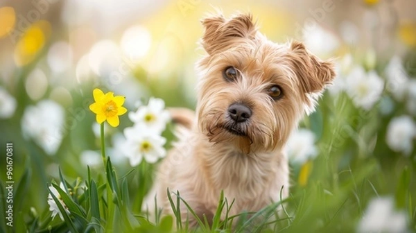 Obraz  A tight shot of a dog in a lush grass and flower field, with a yellow bloom in the foreground