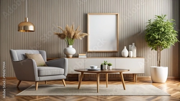 Fototapeta A sleek, minimalist living room with a low-profile sofa and geometric coffee table invites you to celebrate a