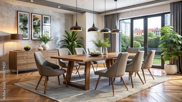 Fototapeta A sleek modern dining room table and chairs set against a backdrop of soft lighting and plush textiles,