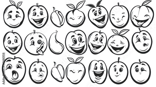 Obraz Collection of 21 black and white cartoon fruit illustrations with different expressions.