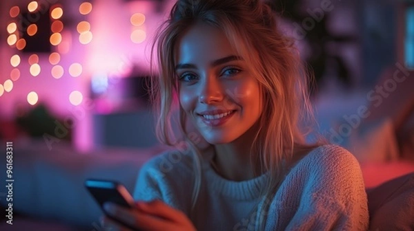 Fototapeta Young woman smiling while using her smartphone in a cozy, warmly lit room with colorful fairy lights in the evening