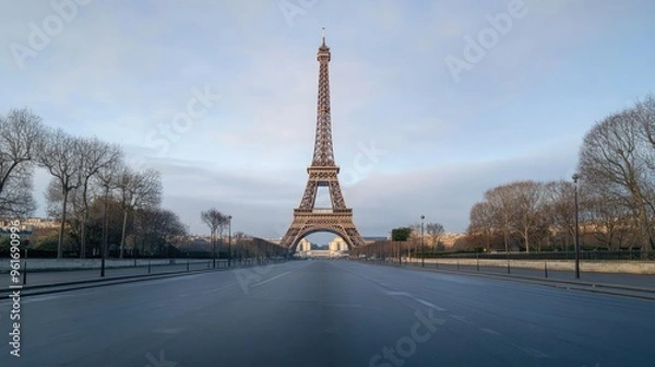 Fototapeta Iconic Eiffel Tower in Paris, France, with a clear, empty foreground, showcasing the landmark against a serene sky