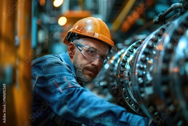 Fototapeta An engineer adjusting machinery in a factory, ensuring everything is operating correctly