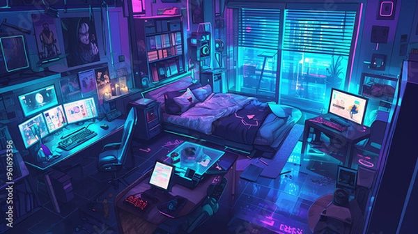 Obraz Lofi Cyber Bedroom Cartoon Style with Computers