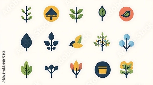 Fototapeta Flat design nature icons including leaves, trees, and birds, perfect for environmental and eco-friendly themes.