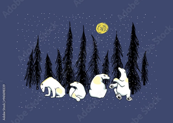 Fototapeta Vector card with hand drawn cute polar bears chilling out in the night snowy forest. Beautiful ink drawing, animal illustration