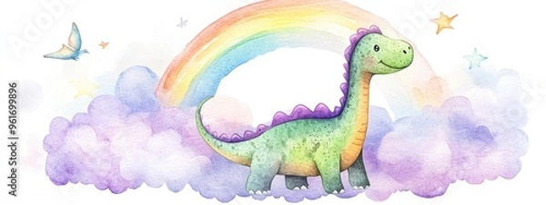 Fototapeta Whimsical Watercolor Dinosaur Under a Rainbow: A Playful Fantasy Illustration