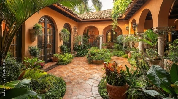 Fototapeta A Beautiful Courtyard with Lush Greenery and Mediterranean Architecture