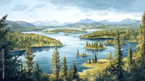 Fototapeta Tranquil Mountain Landscape: A Serene View of Lush Green Islands and Reflective Waters
