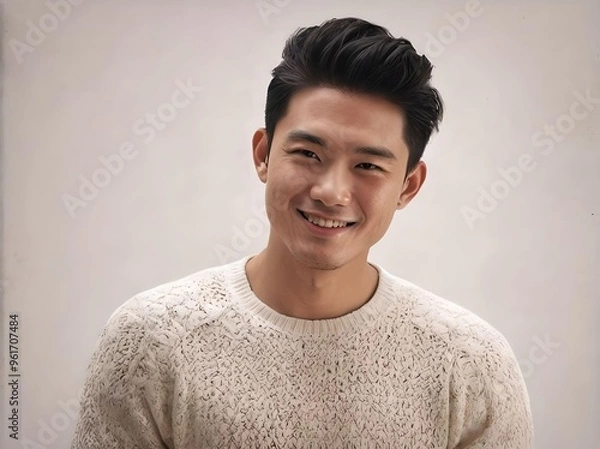 Fototapeta Cute Asian Male Model Smiling Wearing White Sweater and Looking at Camera Portrait isolated on White
