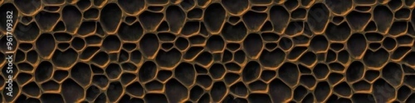 Fototapeta abstract 3d long wide panorama background - Yellow black colored painted concrete cement wall wallpaper texture with holes, seamless pattern