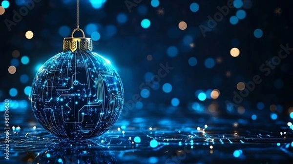Fototapeta Beautiful Merry Christmas greeting card computer technology style. Christmas ball digital technology. Christmas poster template, Christmas cards digital technology style with details in blue color.