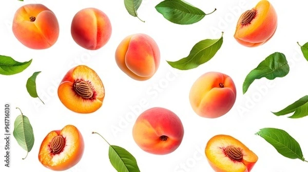 Fototapeta A dynamic flat lay composition of falling peaches and leaves. Making it perfect for promoting healthy eating, organic farming, or summer-themed advertising campaigns