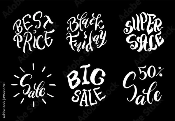 Fototapeta / Set of handwritten sale inscriptions on black background. Best Price, Black Friday, Super Sale, Big Sale, 50% vector hand lettering. Modern brush calligraphy. Concept design for cards, banners, invi