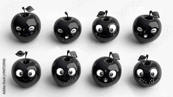 Fototapeta Eight black apples with different expressions, isolated on white background.