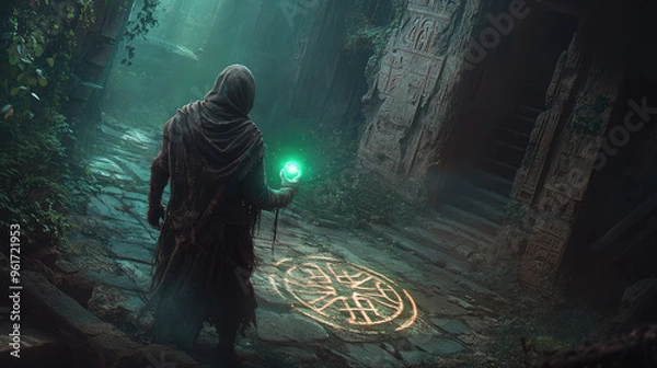Fototapeta An undead sorcerer with decayed skin, holding a glowing orb, standing in a ruined temple, ancient symbols glowing on the stone floor.