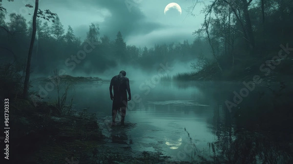 Fototapeta A dark, eerie zombie is walking in a forest near a lake