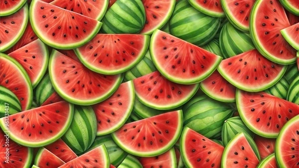 Fototapeta Juicy watermelon slices arranged in a refreshing and vibrant display against a natural backdrop