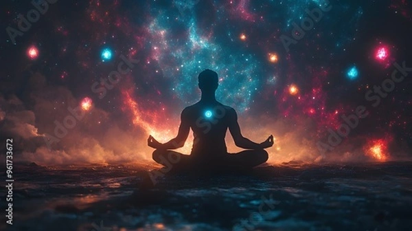Fototapeta Silhouette of a Man Meditating in Front of a Starry Night Sky