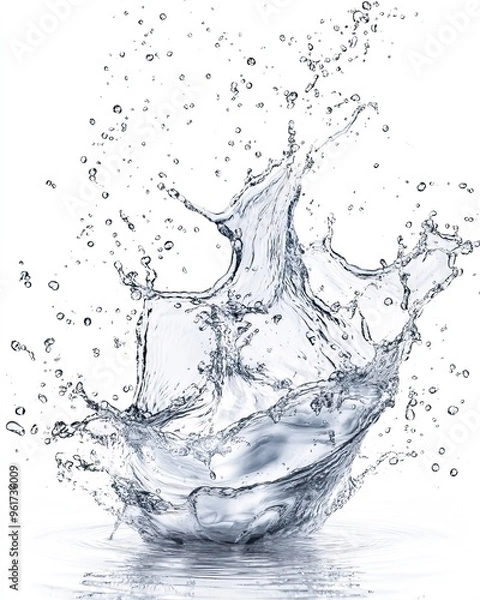 Obraz A mesmerizing splash of water captured in motion, highlighting the beauty and fluidity of liquid against a white background.