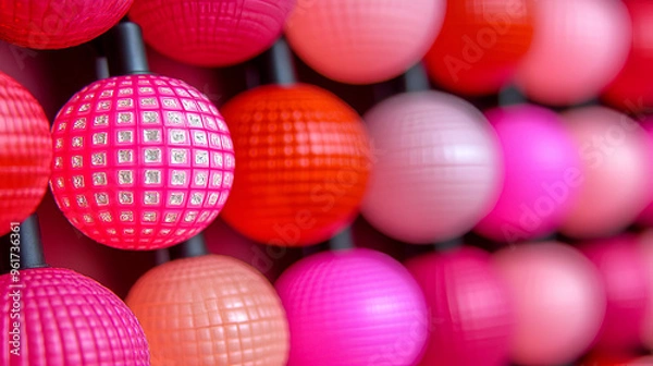 Fototapeta Vibrant arrangement of textured spheres in shades of red and pink against a bright background in a creative art installation