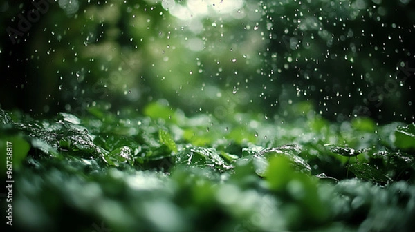 Fototapeta Gentle rain falling on lush green leaves, creating a serene atmosphere in a tranquil forest on a peaceful afternoon