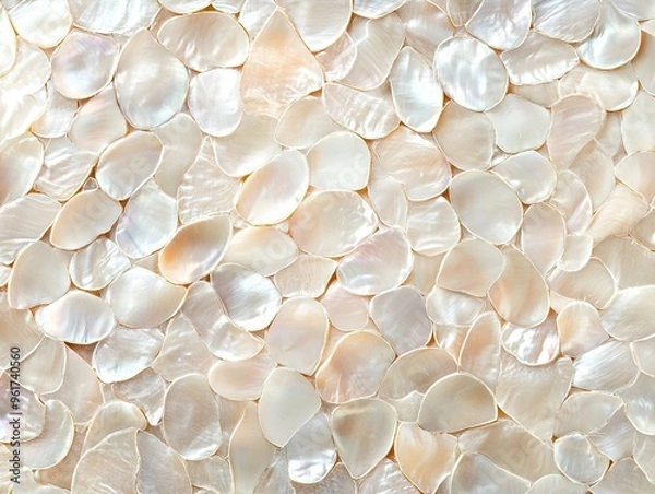 Fototapeta Exquisite Iridescent Mother-of-Pearl Surface Close-up, Displaying Delicate Overlapping Circles and Subtle Color Variations. Natural Elegance and Pearlescent Luster in Creamy Beige and Ivory Tones.