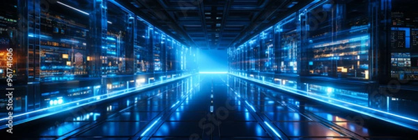 Fototapeta Young male IT engineer administering high-tech data center with compact server racks, cable management ? futuristic tech industrial interior
