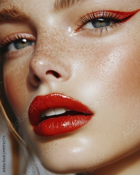 Fototapeta Close-up of woman's face showcasing bold red lipstick and artistic eyeliner. Emphasizing beauty, elegance and modern style in makeup trends.