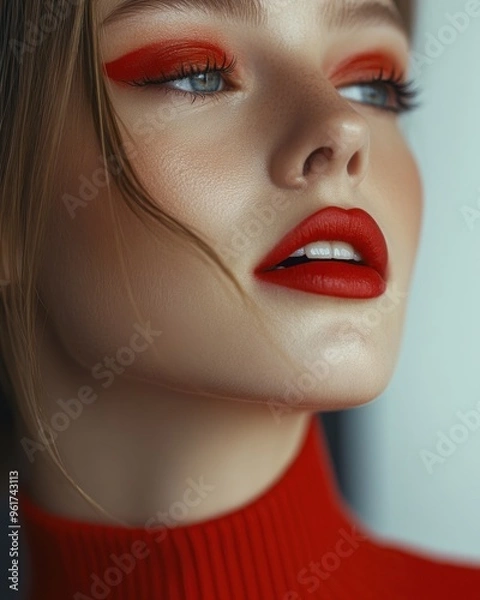Fototapeta Close-up of woman wearing bold red makeup and matching red clothing, embodying elegance and style.