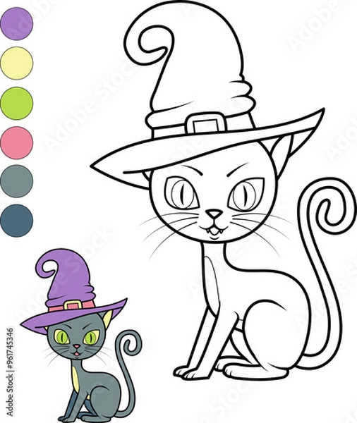 Obraz coloring cat in a witch's hat