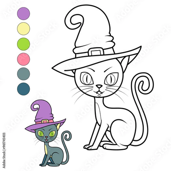 Obraz coloring cat in a witch's hat