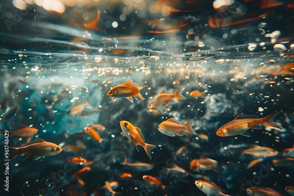 Fototapeta The colorful underwater world of small fish and jellyfish