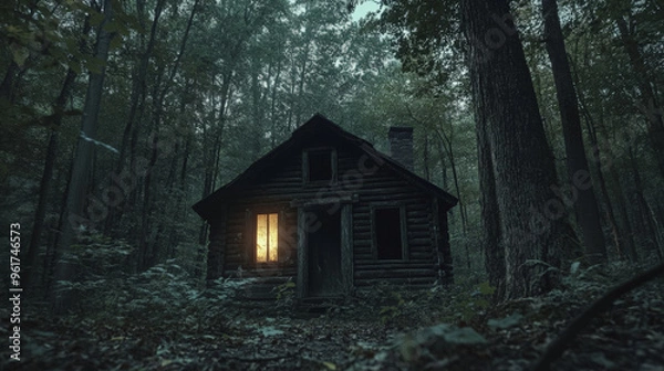 Fototapeta Creepy Abandoned Cabin in the Woods, Halloween Glow
