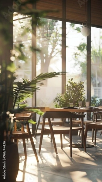 Fototapeta A cozy cafe with sunlight streaming through glass windows, wooden furniture, and potted plants creates a peaceful and inviting atmosphere for relaxation.