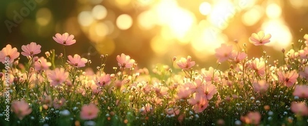 Fototapeta Pink Flowers Blooming in a Field of Green at Sunset