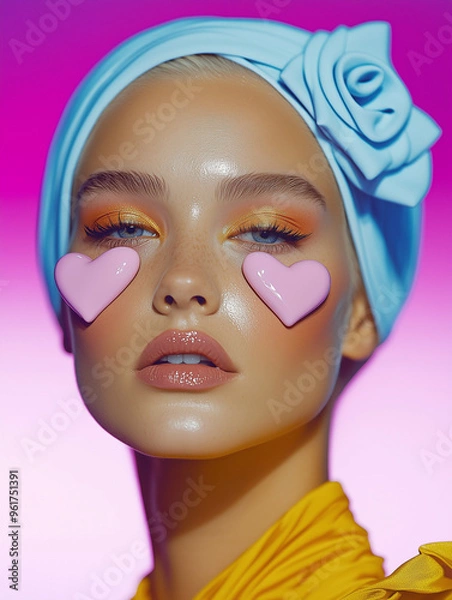 Fototapeta Close-up of a model with pastel pink heart patches and a blue floral headwrap. A soft and elegant editorial blending color contrast and fashion.